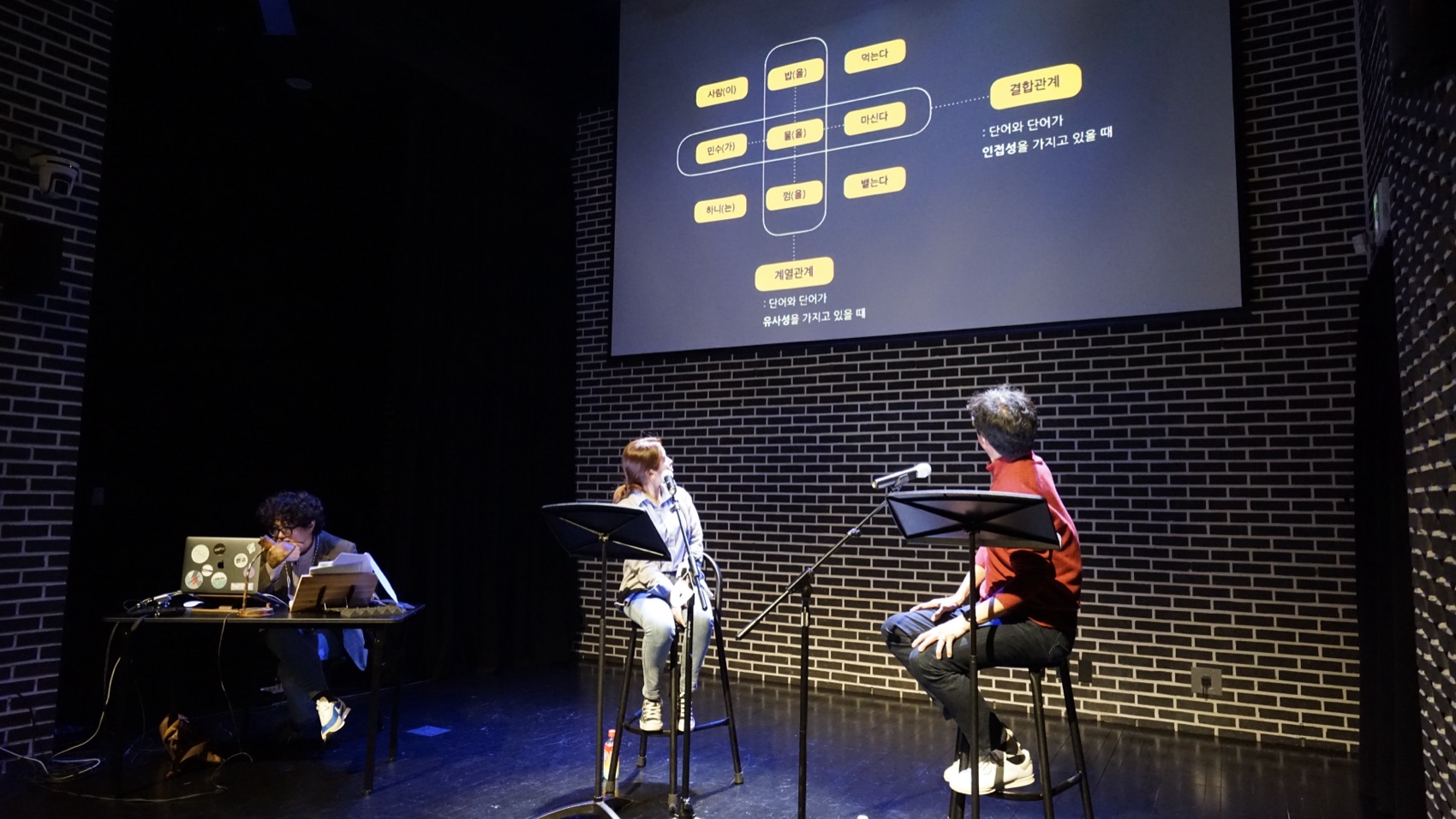 언어공간 다이어그램이 투사된 무대 — 시작하는 아이, 신촌문화발전소, 2021